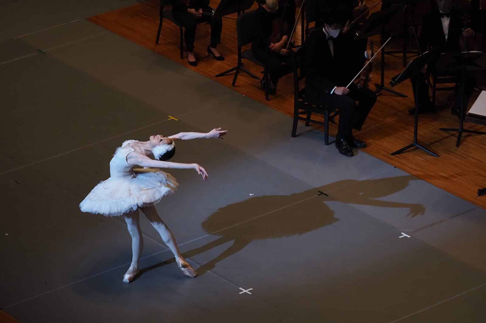オーケストラの前で白鳥を踊る針山愛美